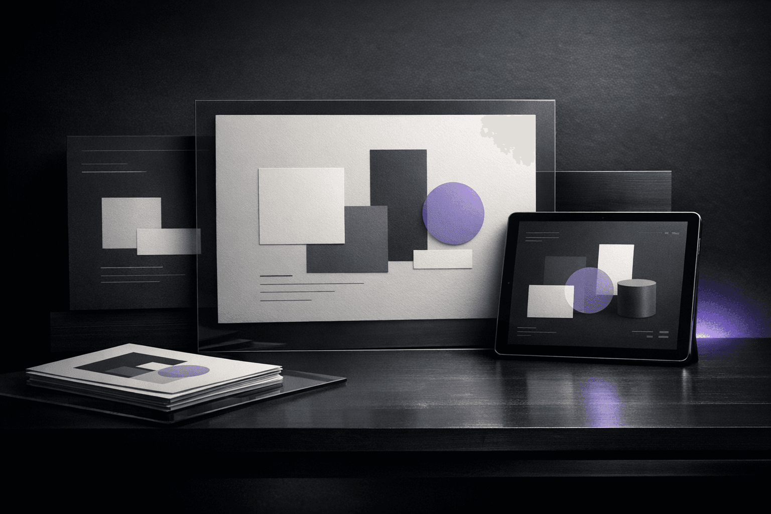 Layered creative studio scene representing brand and digital execution