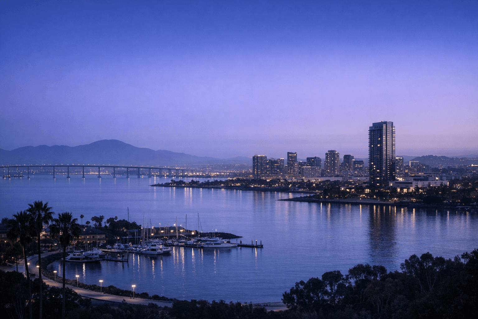San Diego waterfront at blue hour