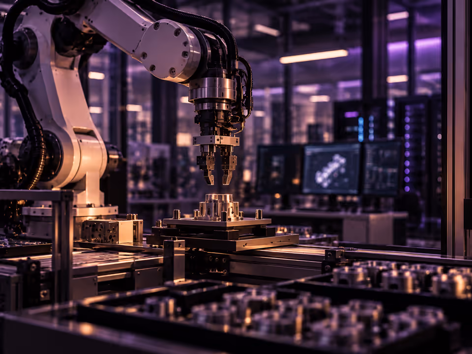 Robotic arm assembling a component on a factory floor