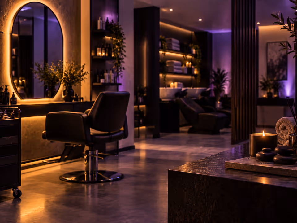 Salón moderno con una silla de estilismo y espejo iluminado
