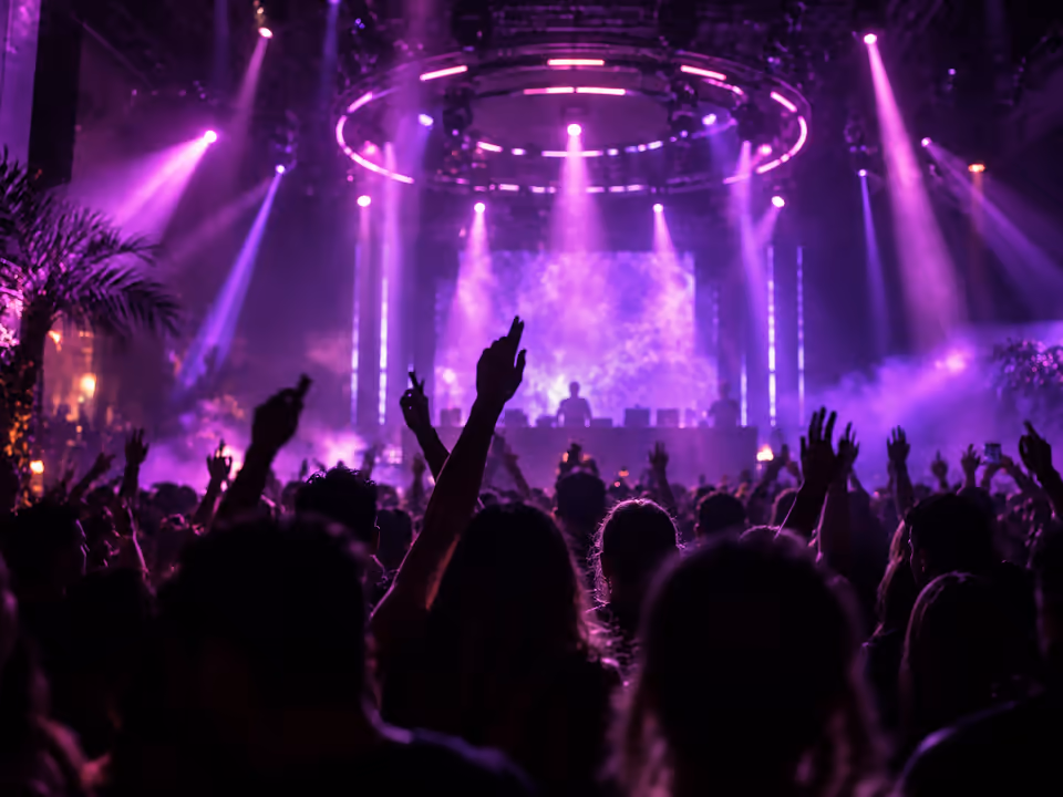 Crowd at a live event under purple stage lights