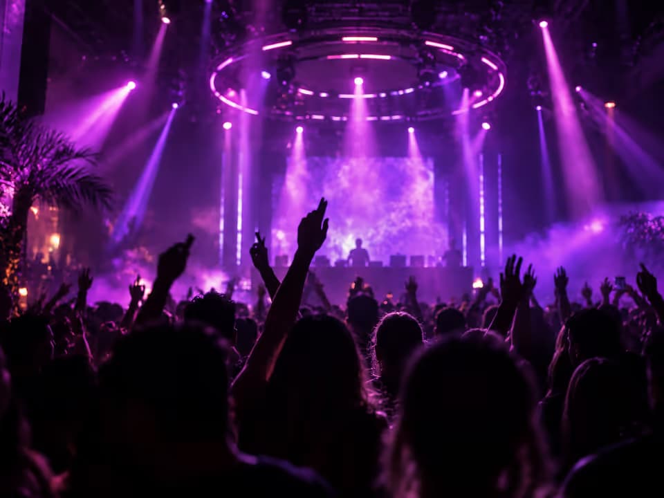 Público en un evento en vivo bajo iluminación morada