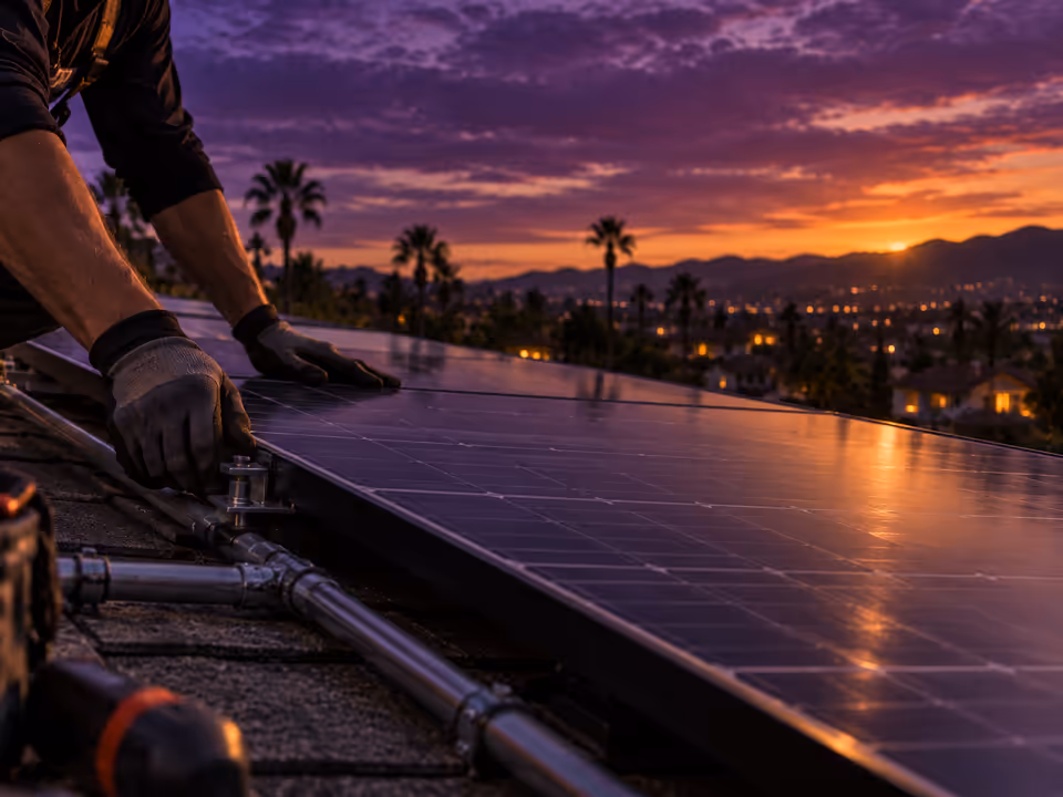 Technician installing a rooftop solar panel at dusk