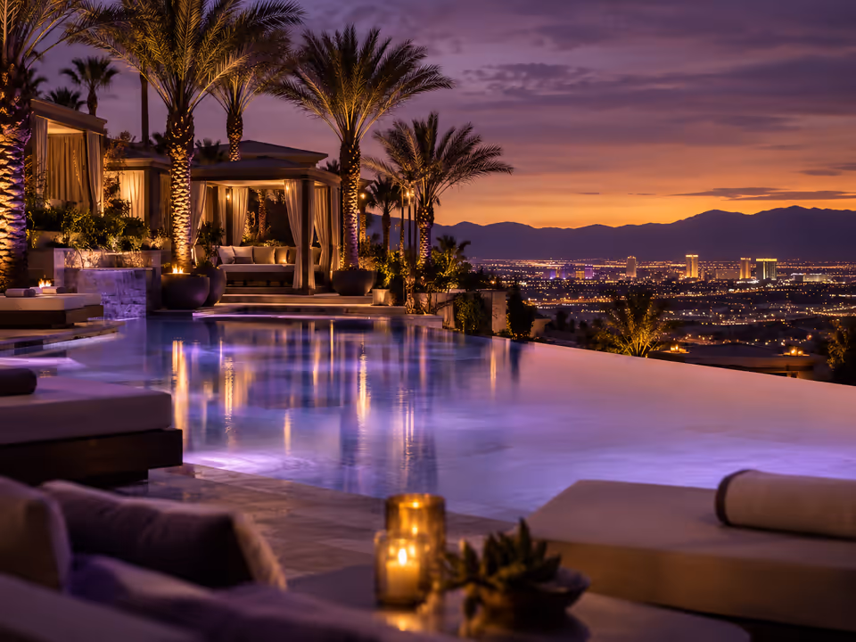 Resort pool deck at dusk with palm trees and city lights