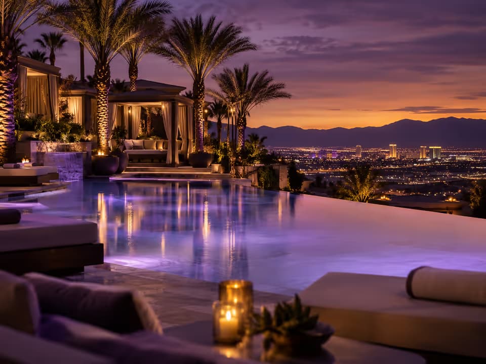 Alberca de un resort al atardecer, con palmeras y luces de la ciudad
