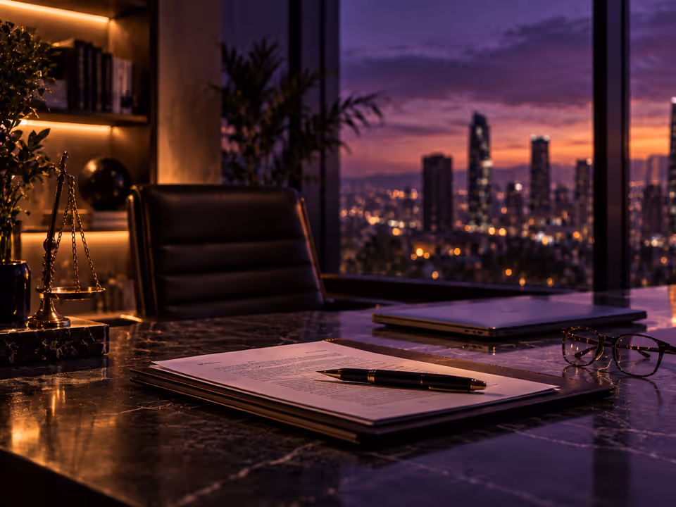 Advisory office desk with documents and a city view