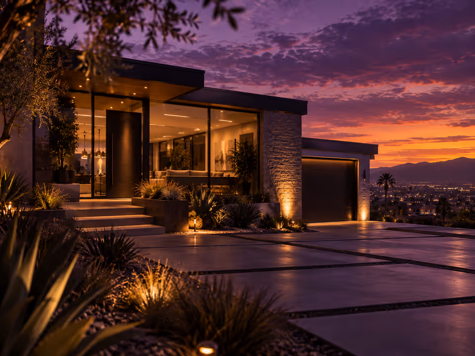 Modern Southern California home at twilight