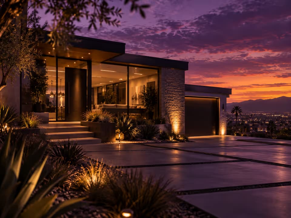 Casa moderna del sur de California al anochecer