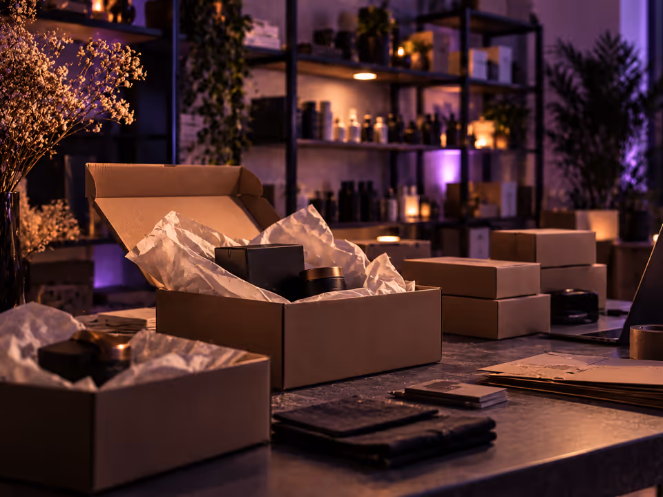 Packed shipping boxes in a boutique product studio