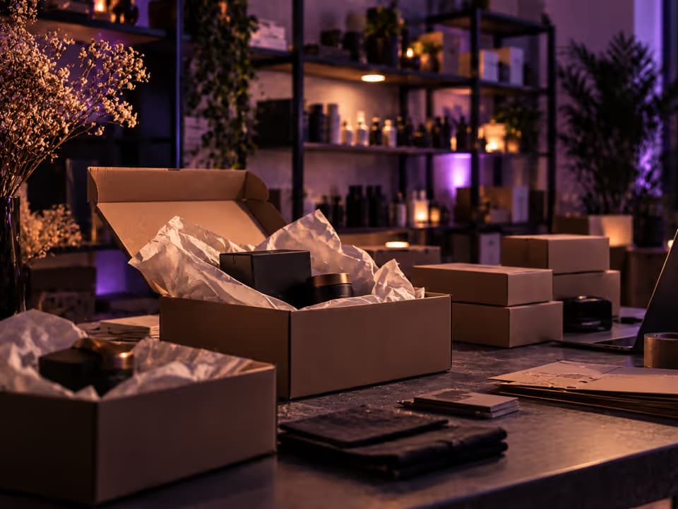 Cajas de envío empacadas en un estudio de productos